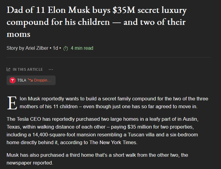 The image displays a screenshot of a news article with a dark background and white text. The headline reads 'Dad of 11 Elon…
