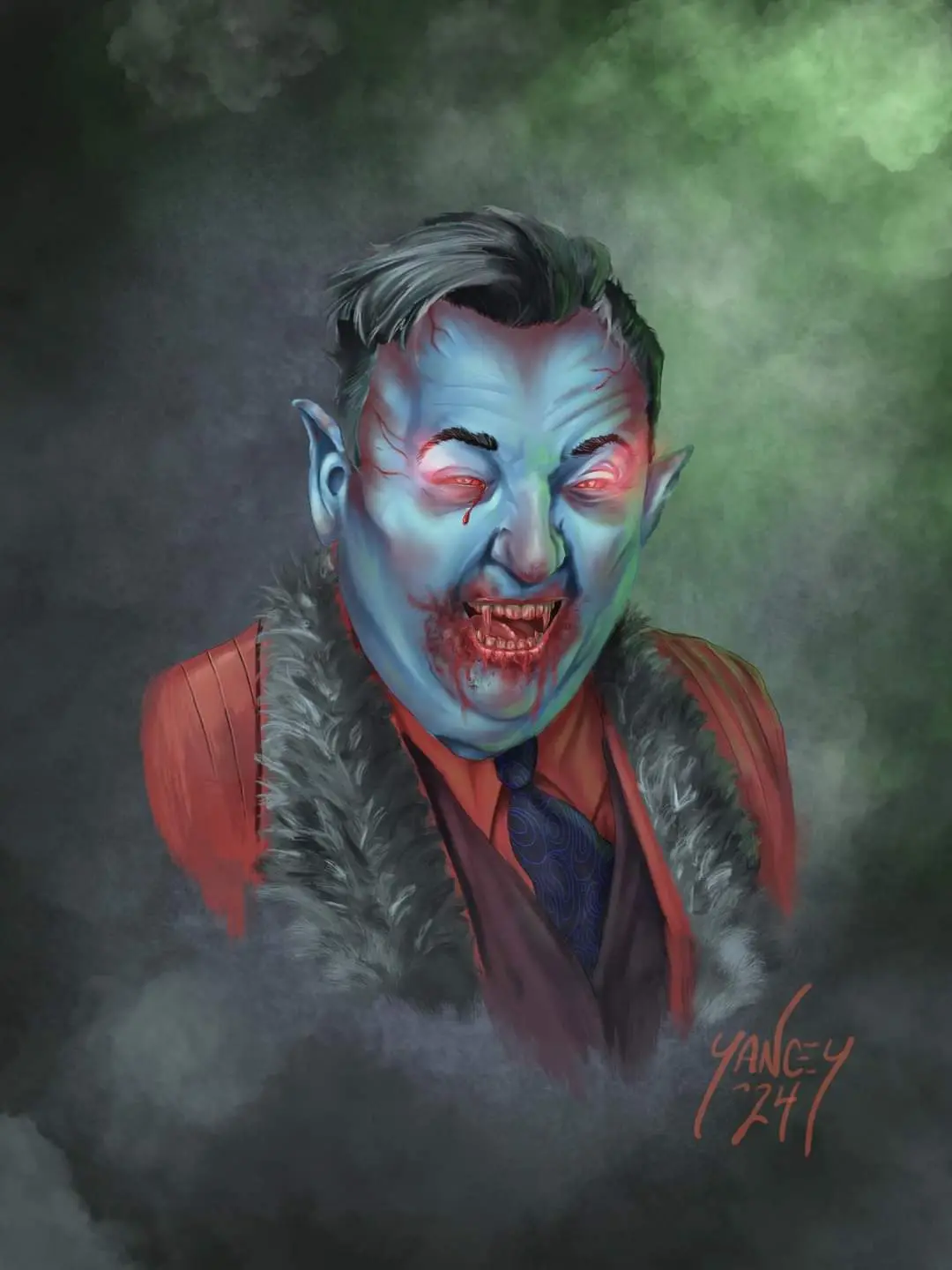 A digitally painted portrait of a man with blue skin, pointed ears, glowing red eyes, and blood dripping from his mouth and…