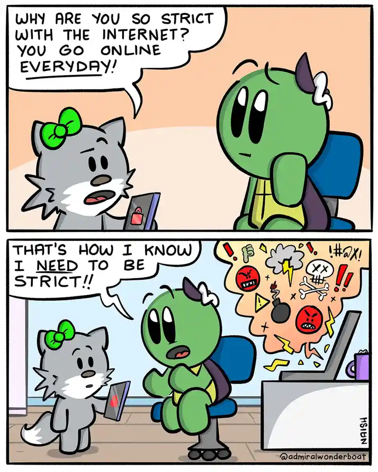 A two-panel comic featuring a grey cat with a green bow questioning a green, horned character about being strict with the…