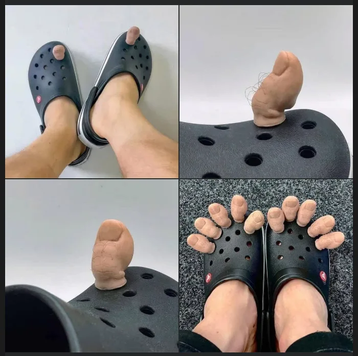 A four-panel image shows a person's feet in black Crocs. The top-left panel shows the person's toes poking out of the front…