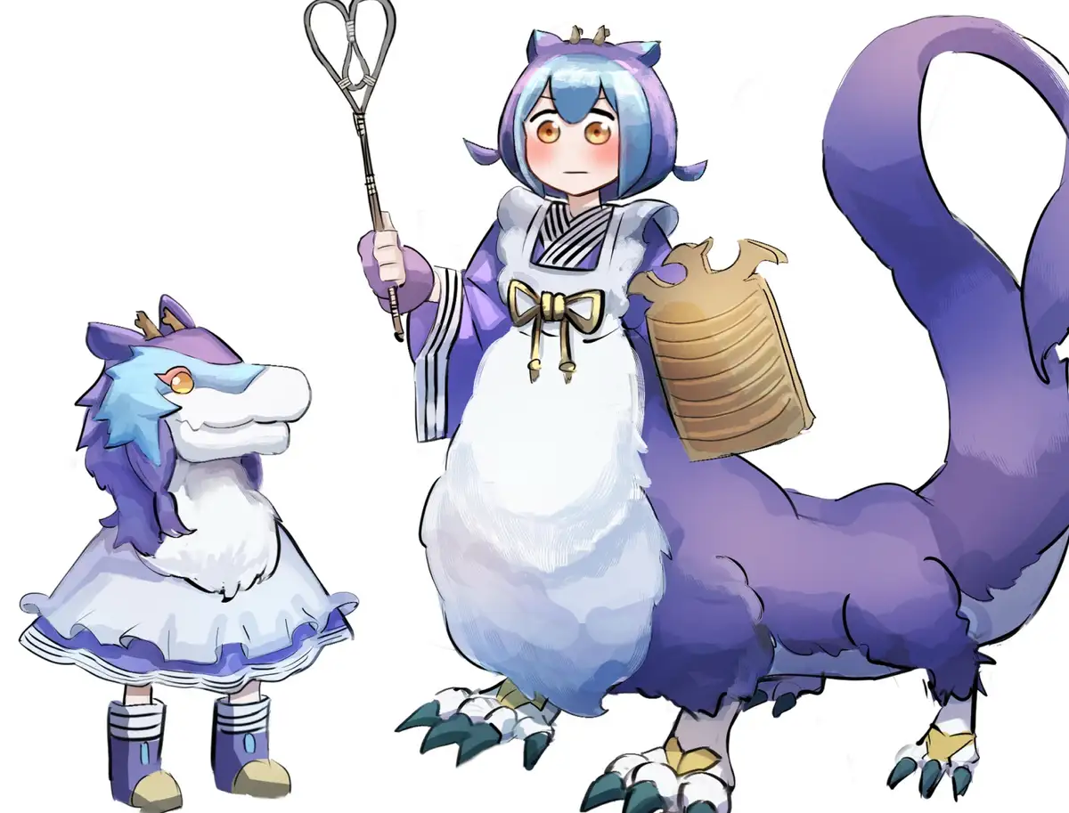An anime-style illustration shows a large purple dragon with blue hair and cat ears wearing a white maid outfit with a gold…