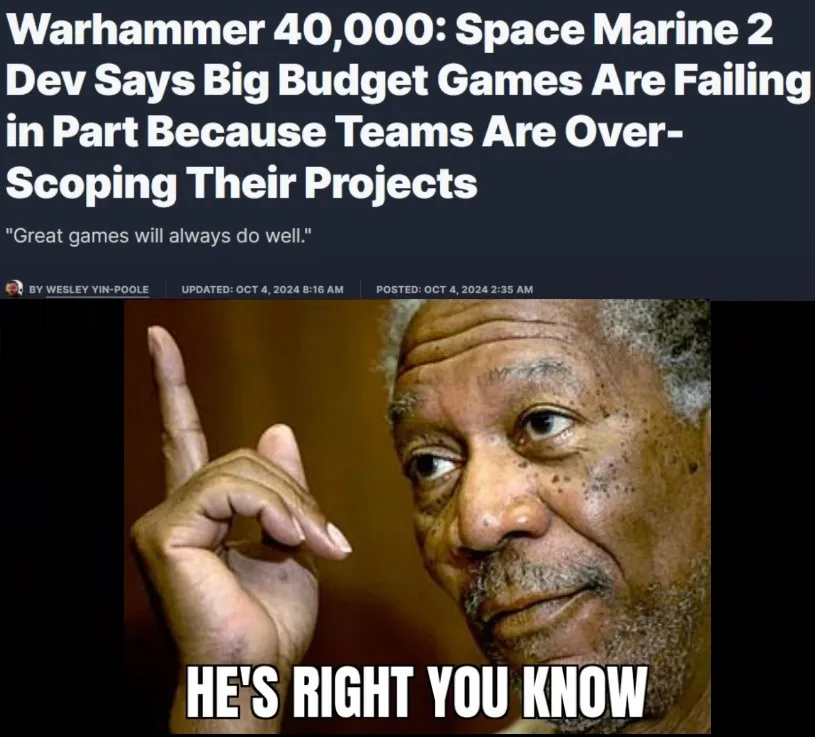 The image shows a close-up of Morgan Freeman pointing his index finger upward with a knowing, slightly amused expression…