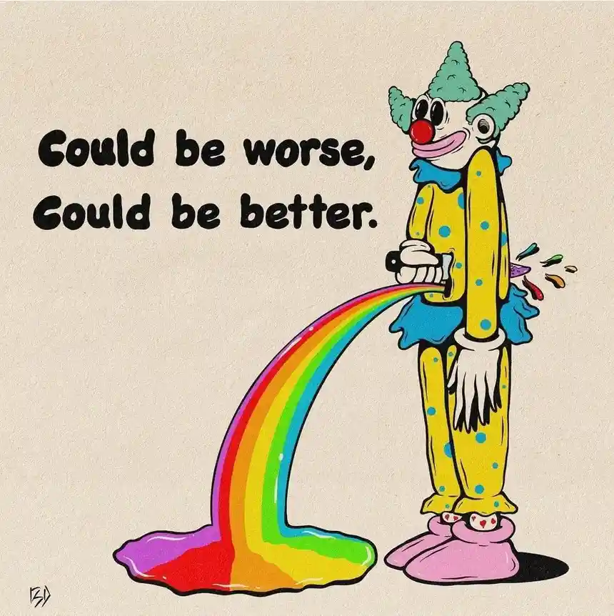 A cartoon clown in a yellow polka-dot outfit and green wig is holding a hose that sprays a rainbow. The rainbow arcs down…