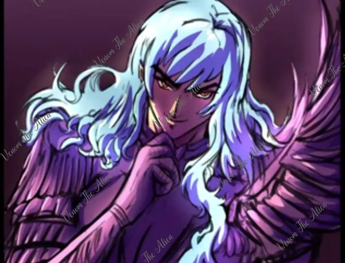 An anime-style illustration of a character with long, flowing white and purple hair, wearing a purple outfit, set against a…
