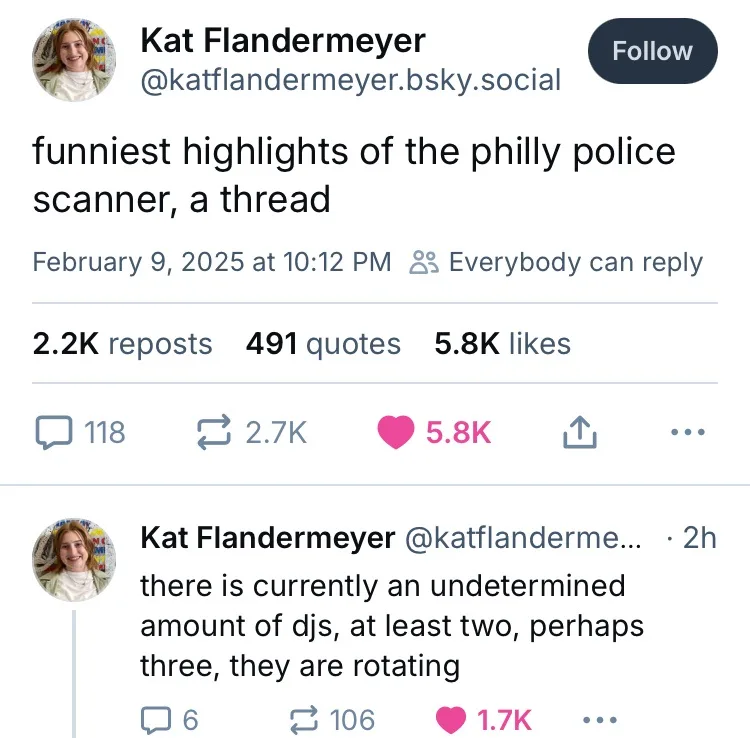 A screenshot of a social media post by Kat Flandermeier showing a thread titled 'funniest highlights of the philly police…