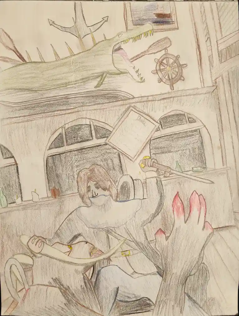 A hand-drawn colored pencil image shows a person in pirate attire sitting in a room, holding a sword and looking distressed…