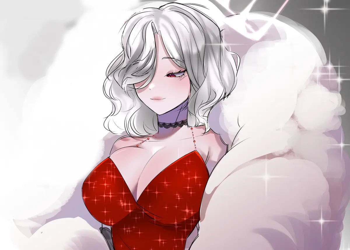 An anime-style illustration of a woman with silver hair and red eyes, wearing a red sparkly dress and a purple choker…