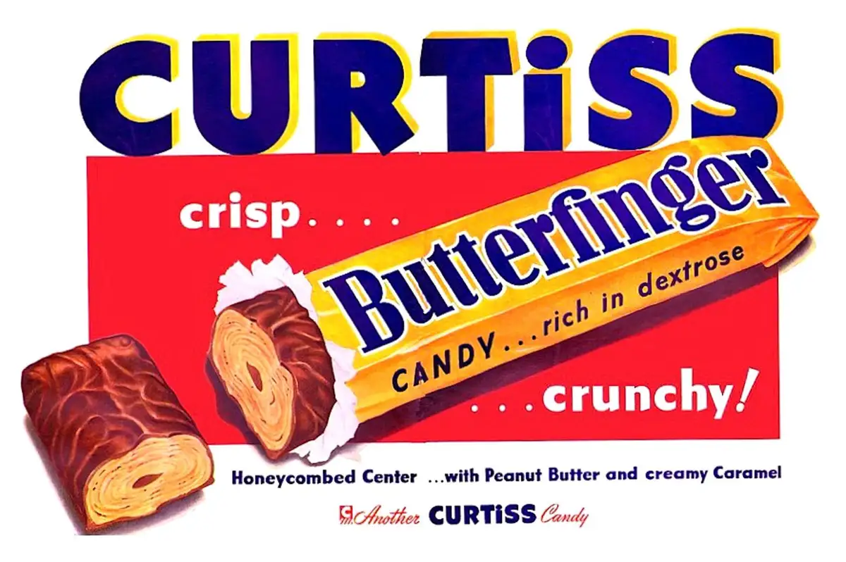 A vintage 1930s advertisement for Curtiss Butterfinger candy, showing two illustrated candy bars—one whole, one sliced to…