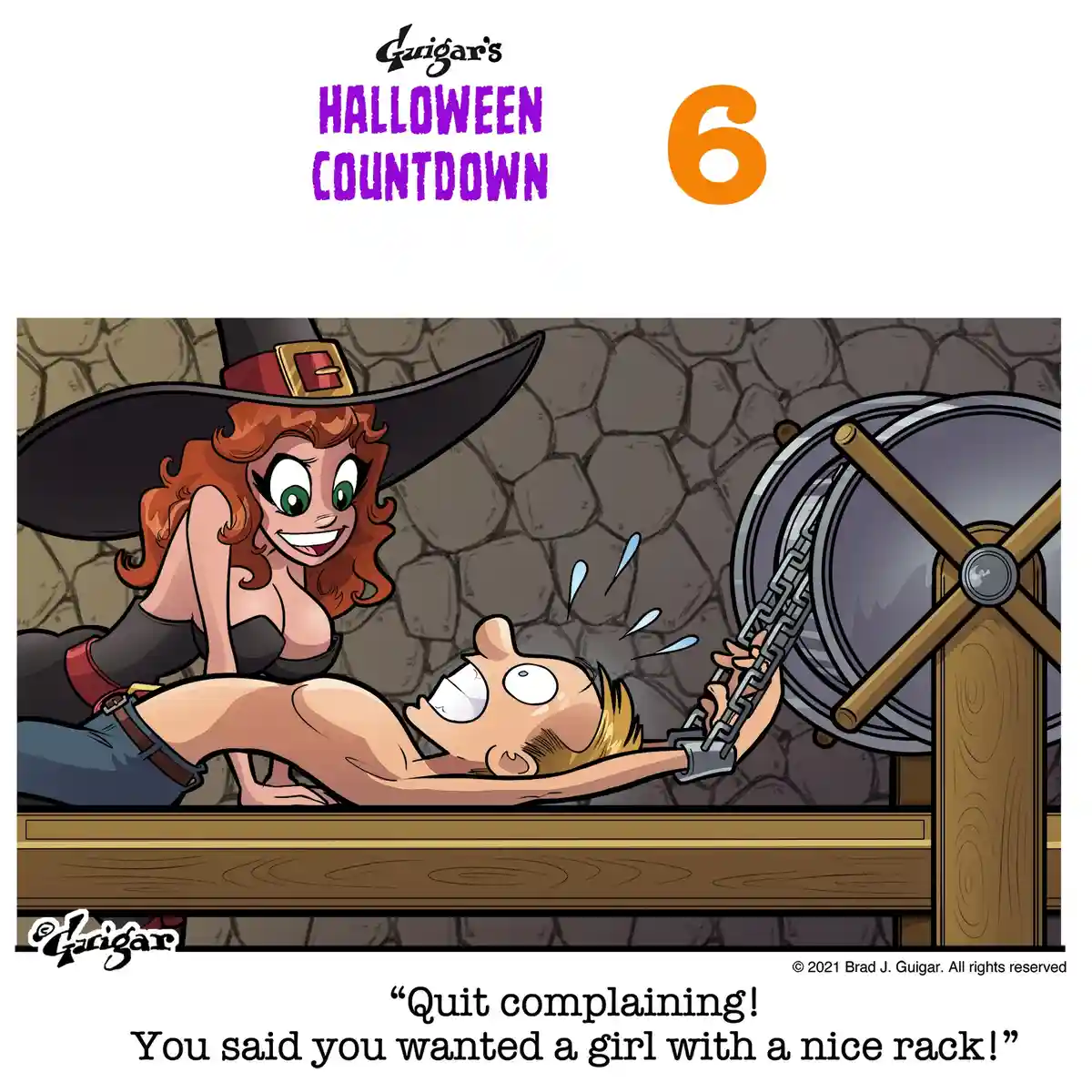 A cartoon witch with red hair and a black hat smiles while holding a chain attached to a large wooden wheel, as a shirtless…
