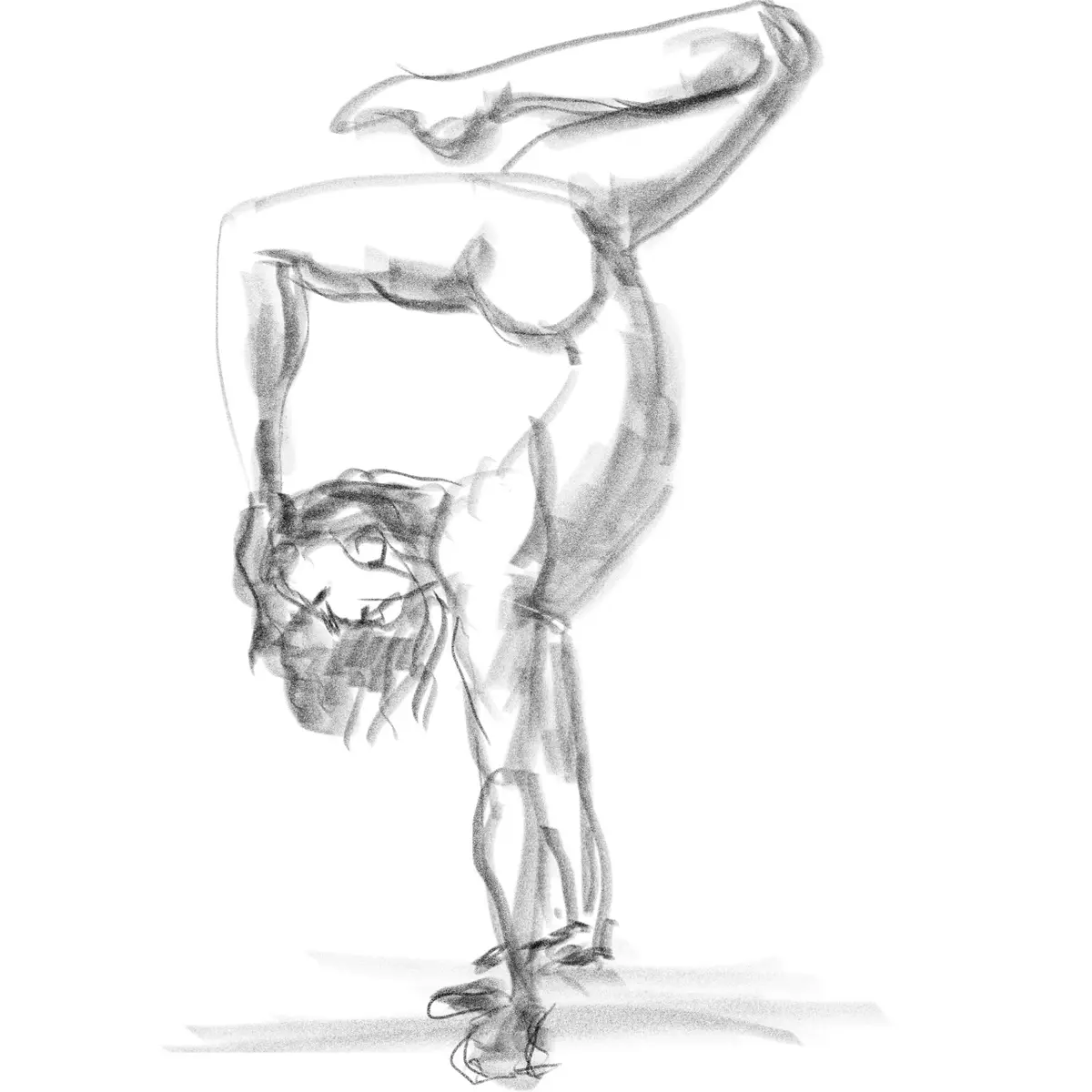 A sketch-style drawing of a person in a contorted, upside-down yoga pose with a strained, intense facial expression. The…