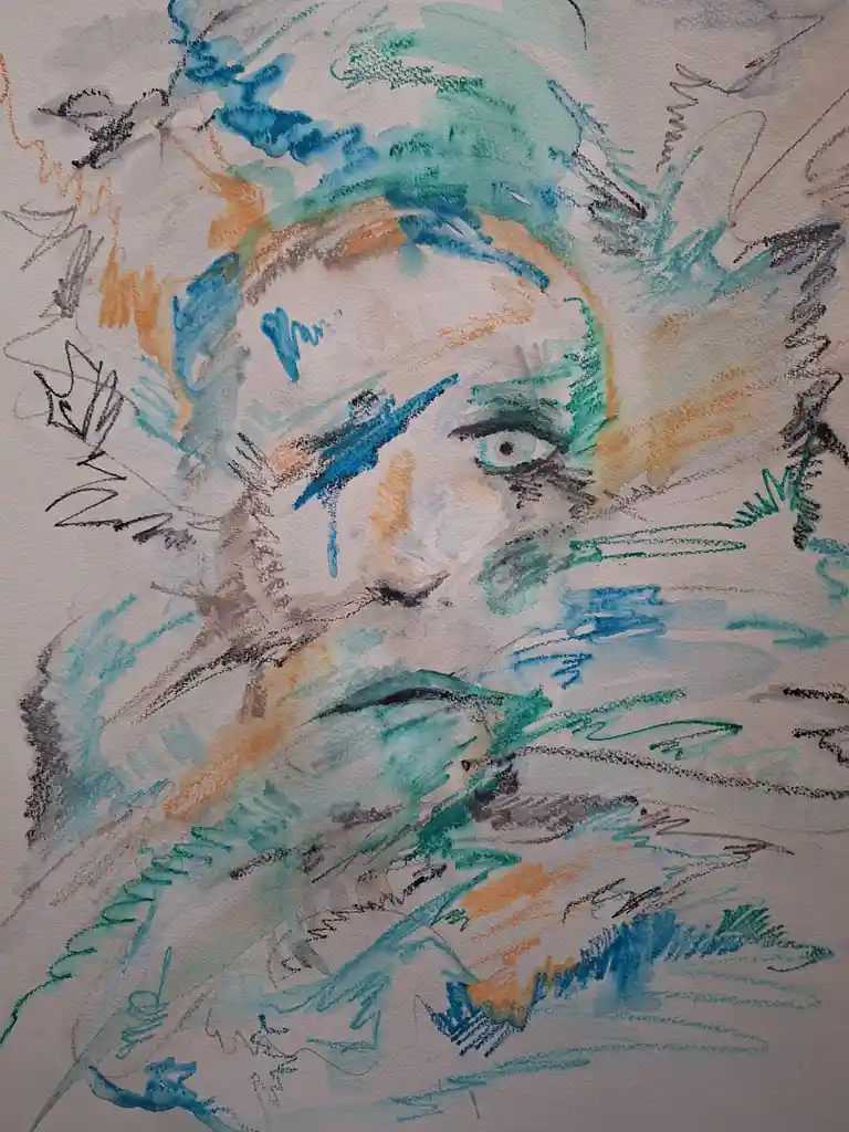 A watercolor and ink sketch of a person's face, rendered with expressive, chaotic strokes in blue, green, orange, and black…