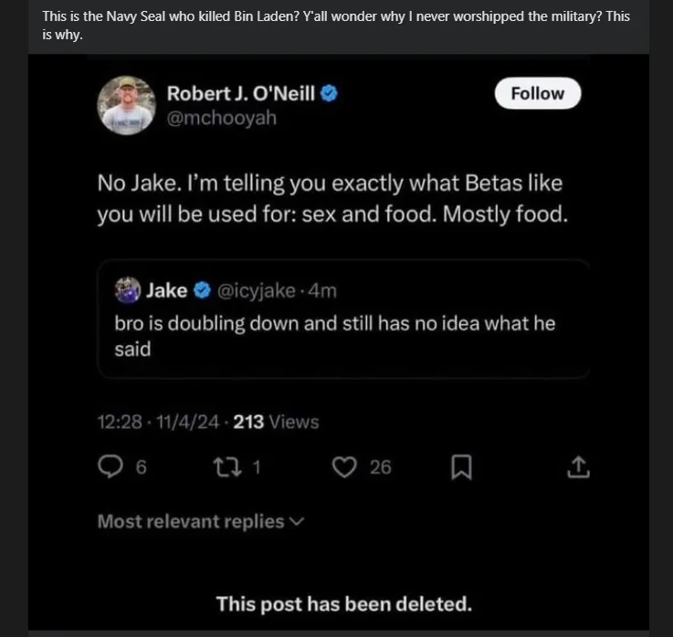 A screenshot of a Twitter thread shows Robert J. O'Neill replying to Jake, stating 'No Jake. I'm telling you exactly what…