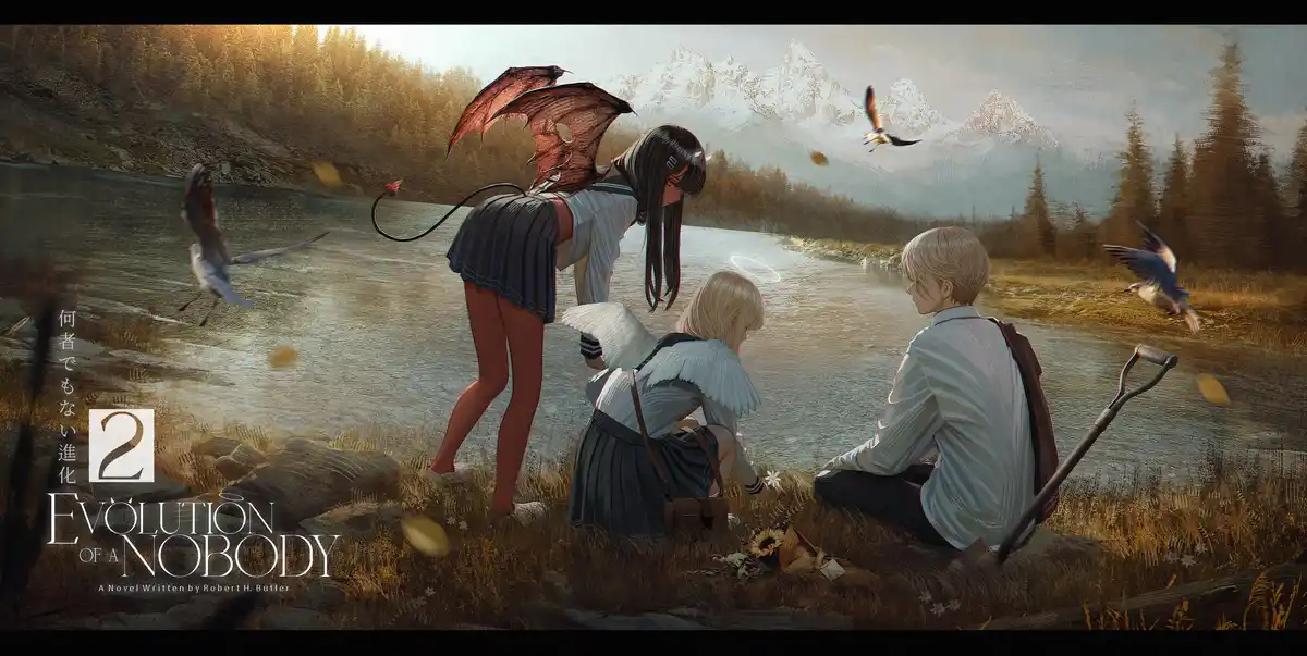 Three anime-style characters in school uniforms sit by a riverbank with snowy mountains in the background; one has red devil…