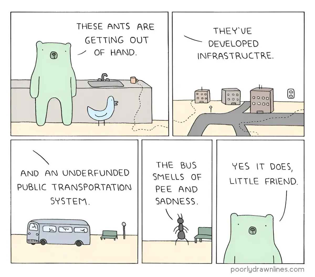 A five-panel comic strip shows a green bear and a blue bird observing ants building a city with roads and a bus stop. The…