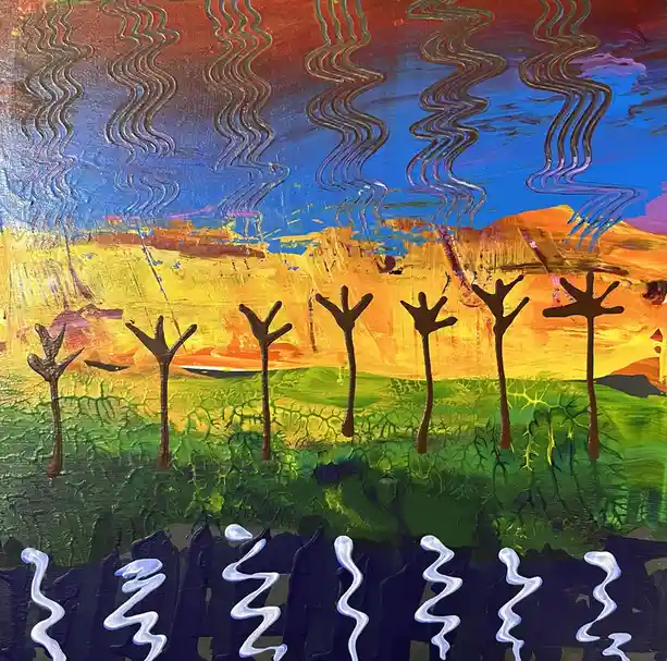 A colorful, textured painting depicts a surreal landscape with stylized, bare tree-like figures standing in a green field…