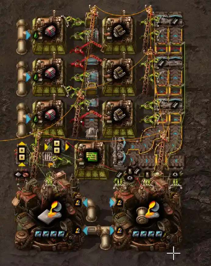 A complex, cluttered factory layout from the game Factorio, featuring numerous machines, conveyor belts, pipes, and robotic…
