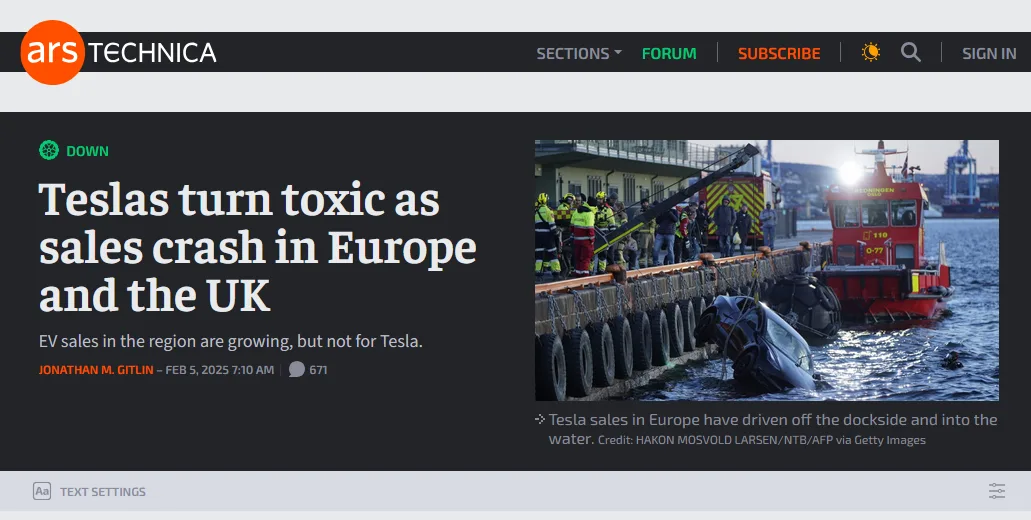An Ars Technica article screenshot shows a headline about Tesla's declining sales in Europe and the UK. The accompanying…