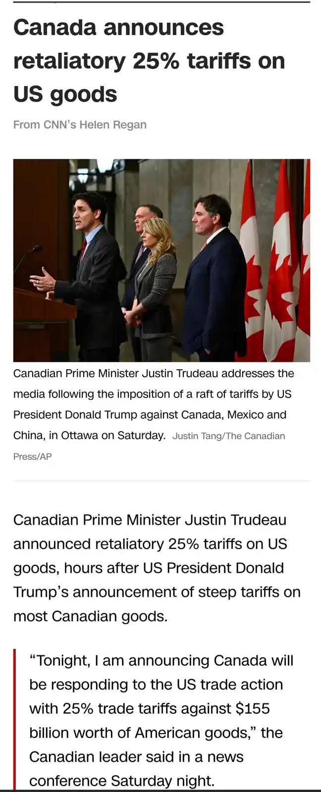 A news article screenshot shows Canadian Prime Minister Justin Trudeau speaking at a podium with Canadian flags behind him…