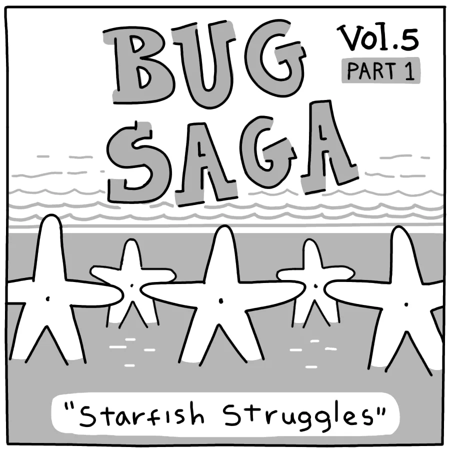 A black-and-white cartoon depicts five starfish standing in shallow water at a beach, with stylized waves in the background…