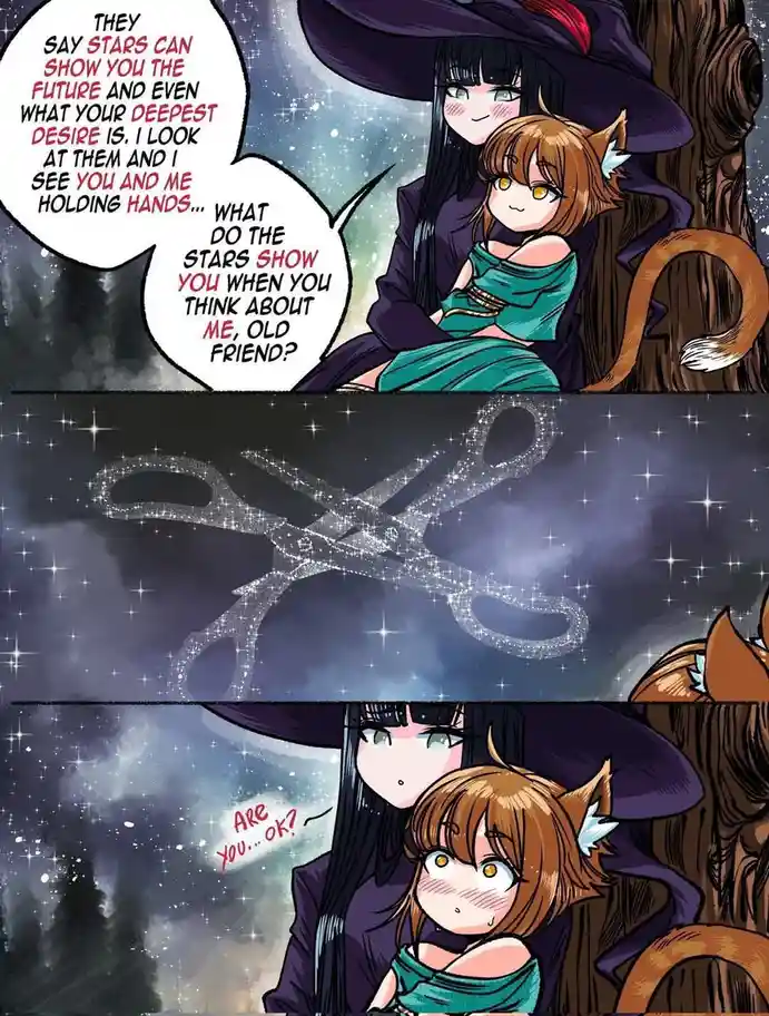 A manga-style comic strip shows two anime characters, a witch and a cat-eared girl, sitting together under a starry night…