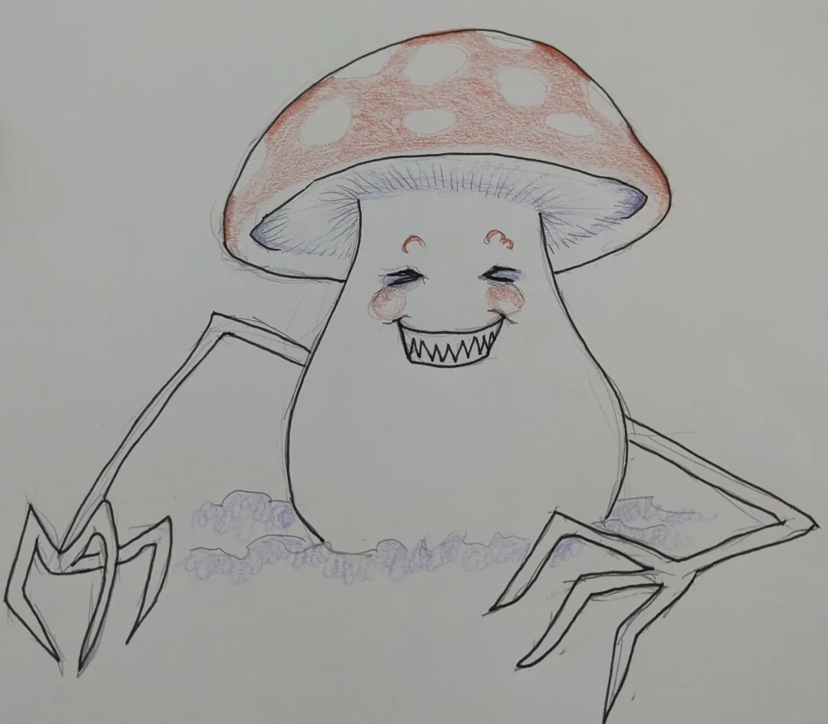 A hand-drawn cartoon mushroom with a red cap and white spots, smiling widely with jagged teeth and rosy cheeks, standing on…