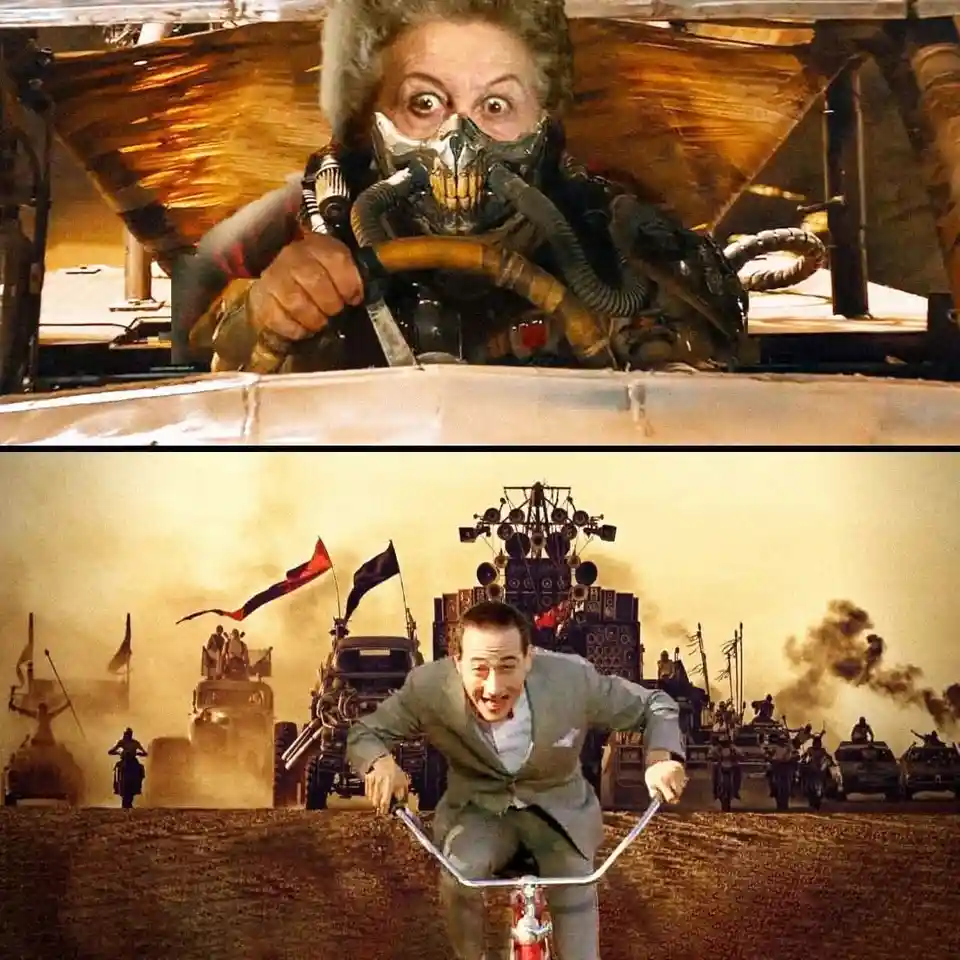 The top panel shows a woman with wild hair wearing a skull-faced respirator mask, gripping a steering wheel in a vehicle…