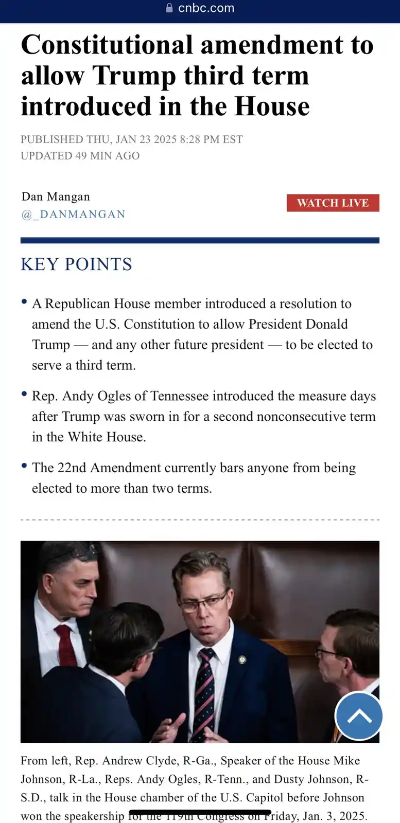 A screenshot of a CNBC news article from January 23, 2025, reporting that a Republican House member introduced a resolution…
