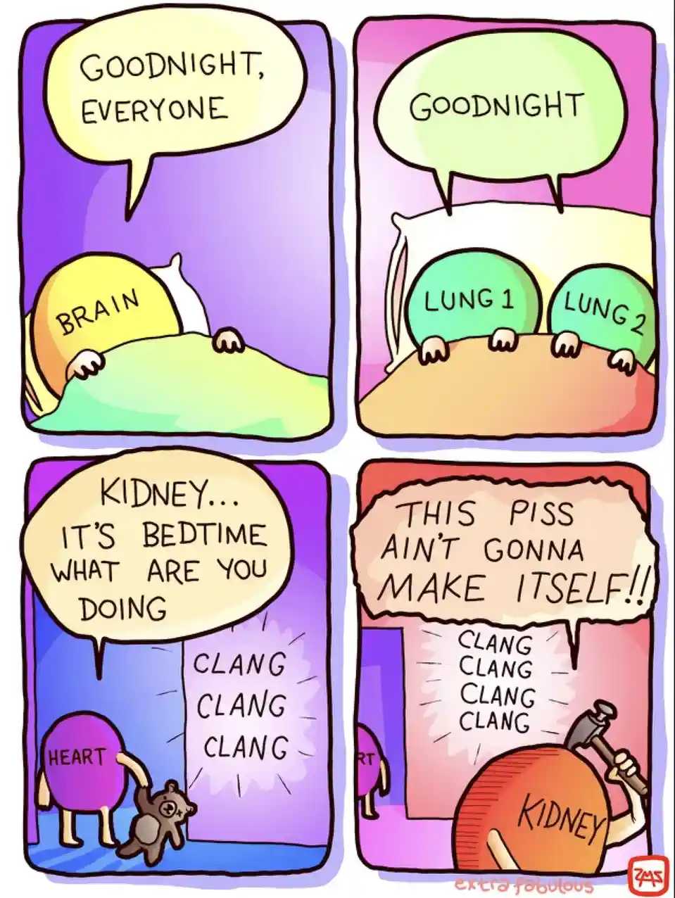 A four-panel comic depicts anthropomorphic organs going to bed. The brain and lungs say goodnight. The heart finds the…
