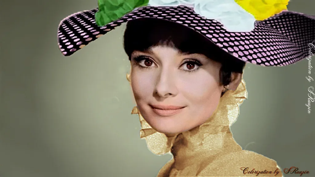 A colorized portrait of Audrey Hepburn wearing a large, patterned hat with colorful flowers, paired with a gold ruffled…