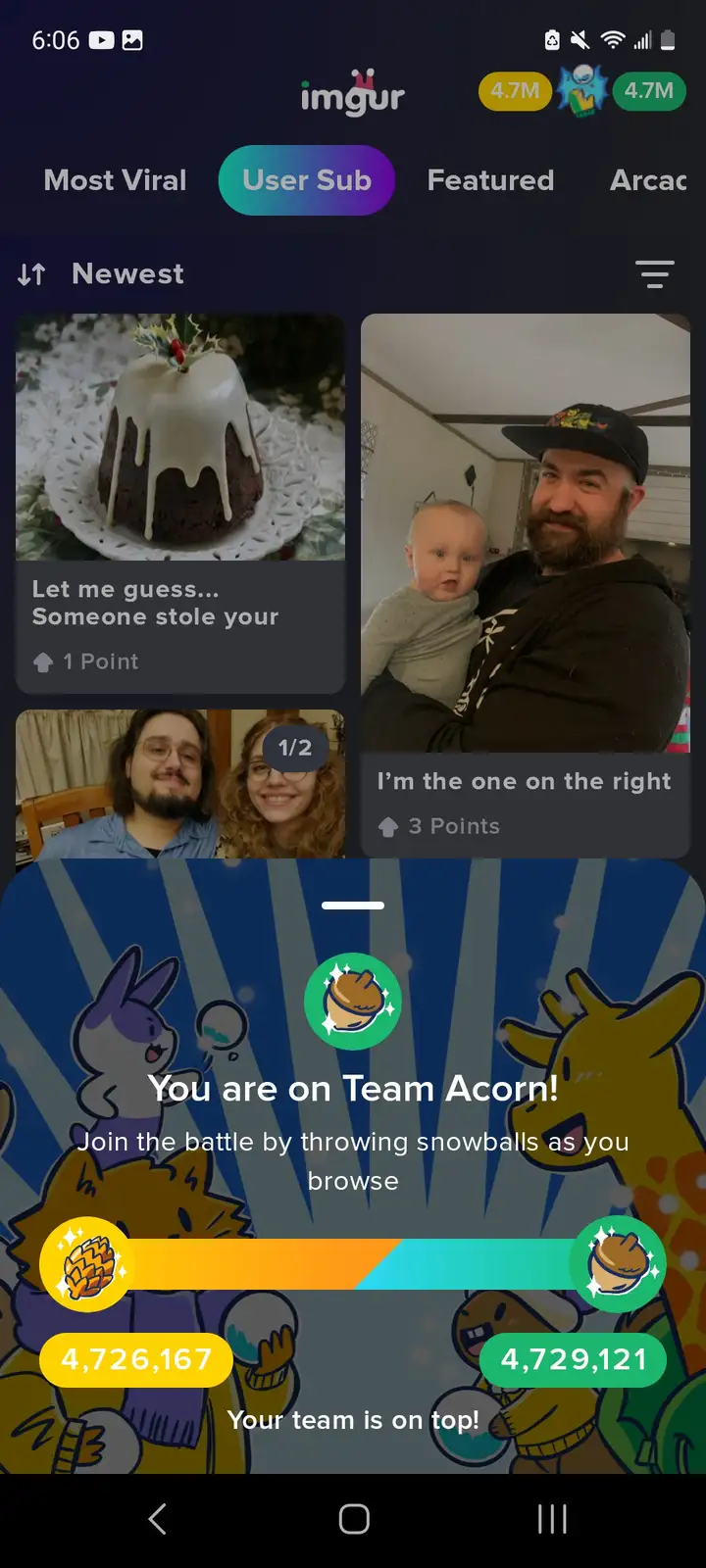 The image shows a screenshot of the Imgur app interface with a 'Team Acorn' battle overlay. The overlay features cartoon…