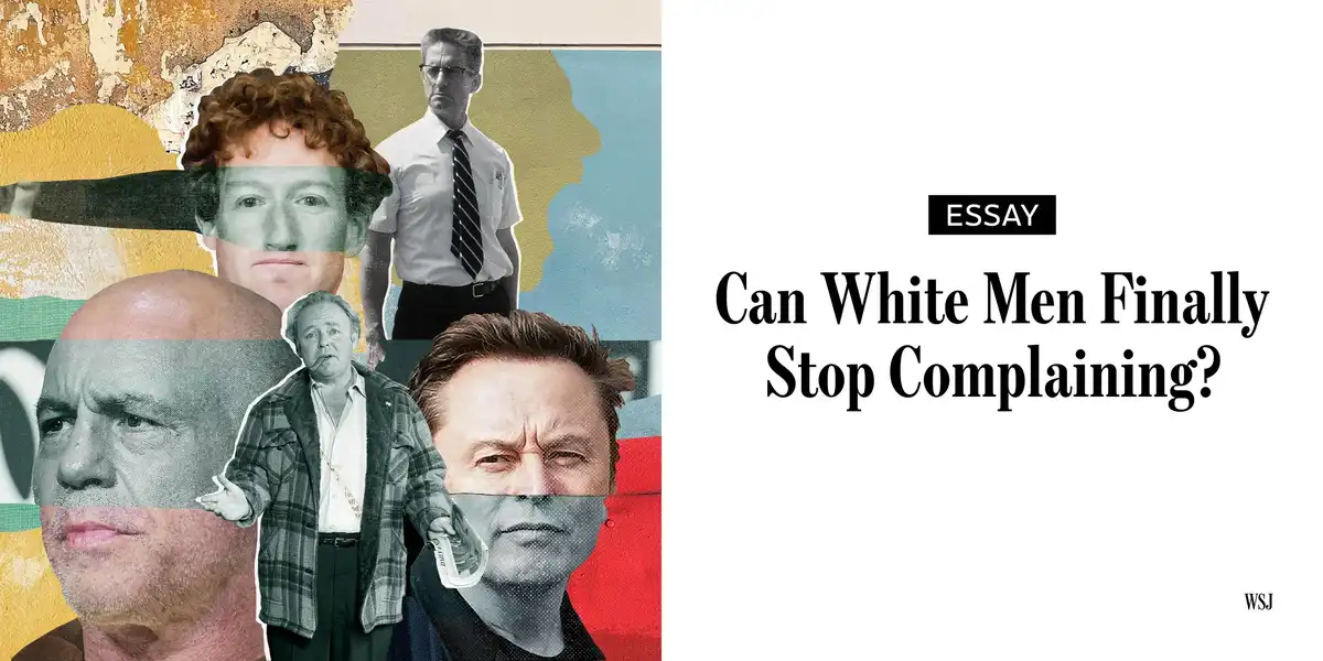 The image is a collage of several white men's faces and full-body photos, including Mark Zuckerberg, a man in a security…