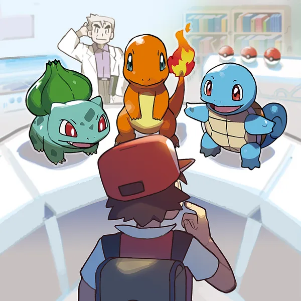 An anime-style image shows a young trainer from behind, looking at three starter Pokémon—Bulbasaur, Charmander, and…