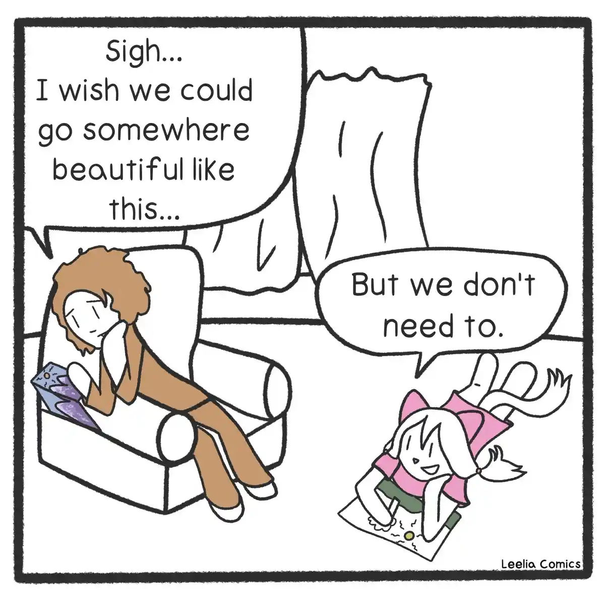 A cartoon depicts one person sitting in a chair looking wistful while holding a phone, wishing to go somewhere beautiful…