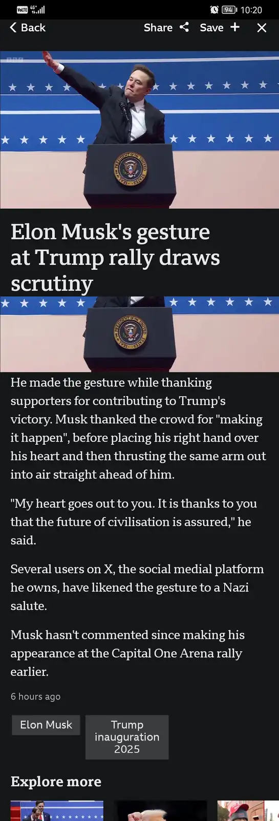 A screenshot of a news article shows Elon Musk at a podium with the presidential seal, making a gesture with his right arm…