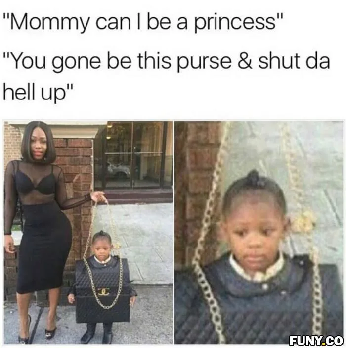 The image is split into two panels. The left panel shows a woman in a black dress holding the chain of a large black…