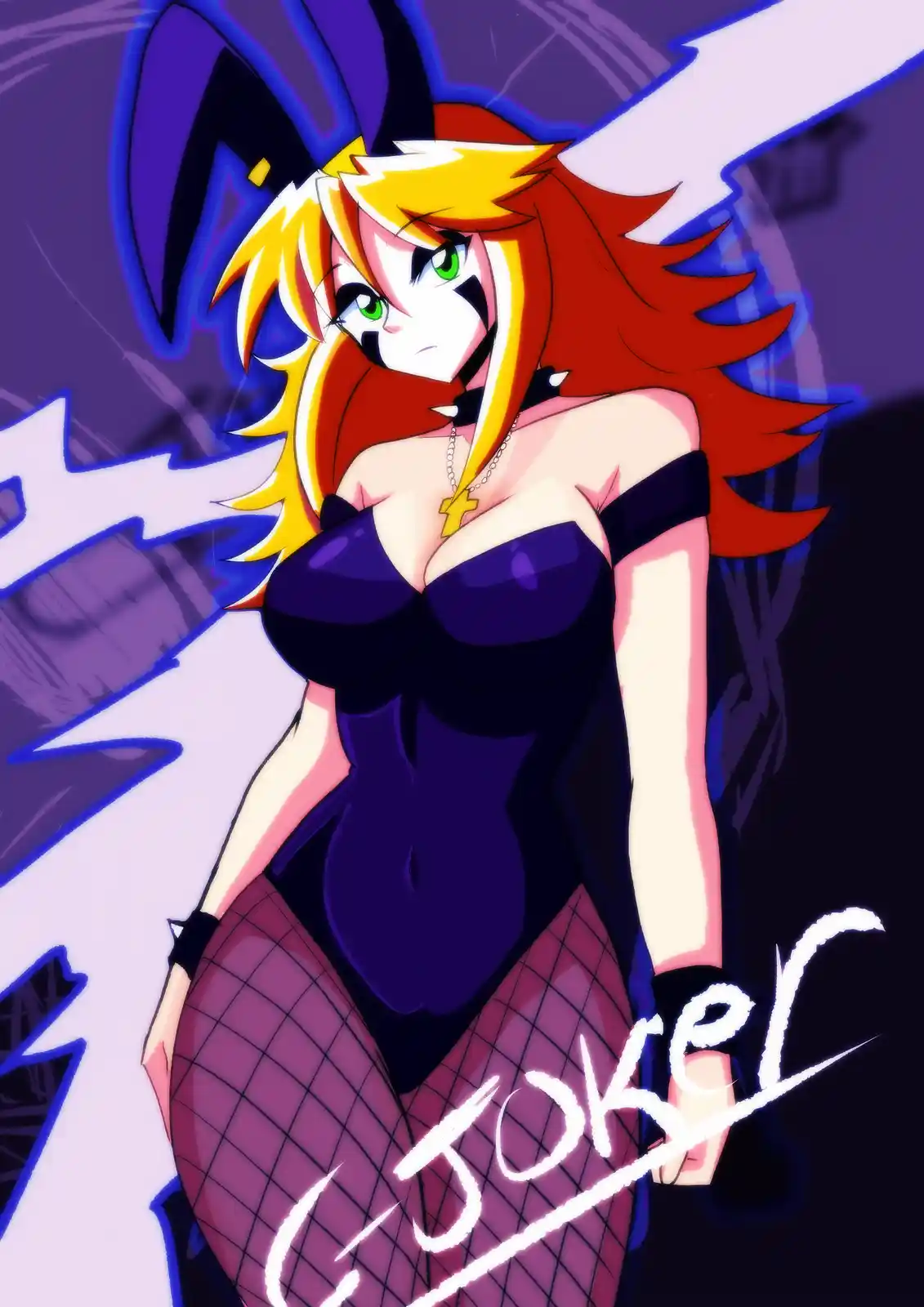 An anime-style illustration of a female character with red and blonde hair, green eyes, and a mischievous expression…