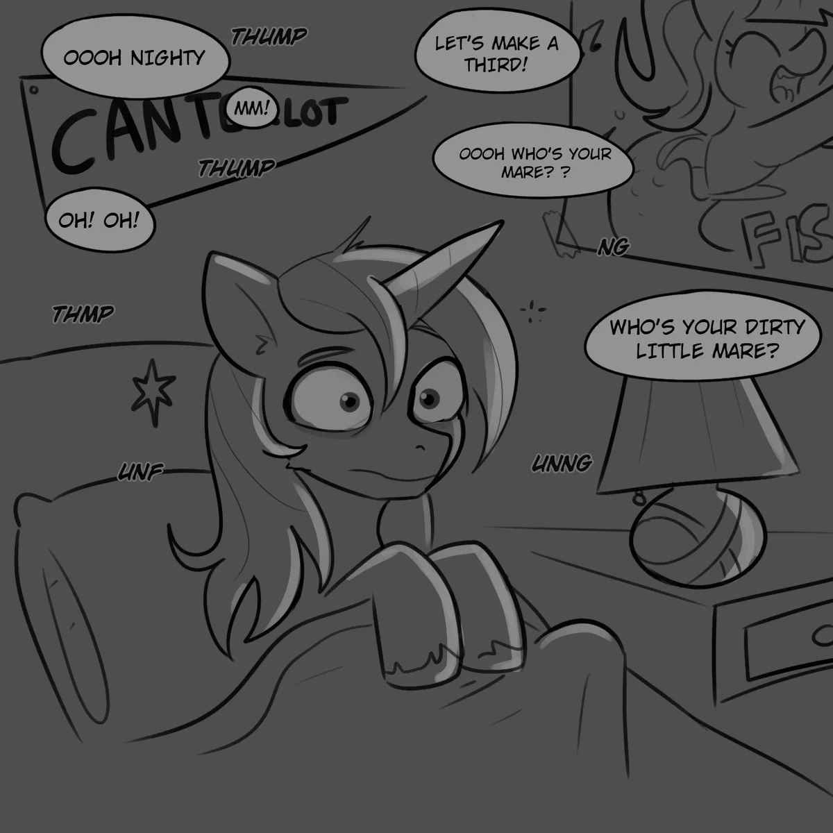 A grayscale cartoon pony with a horn and wide eyes sits on a couch looking startled, surrounded by speech bubbles with…