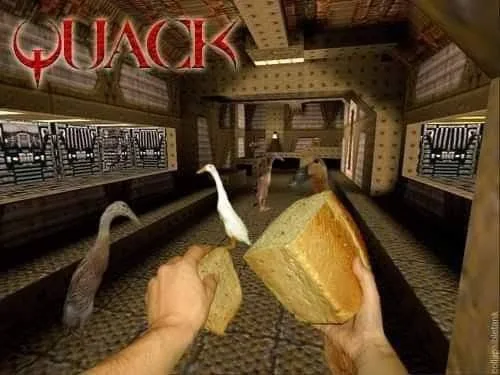 A first-person perspective shows hands holding bread in a dimly lit, ornate hallway with multiple geese walking around. The…