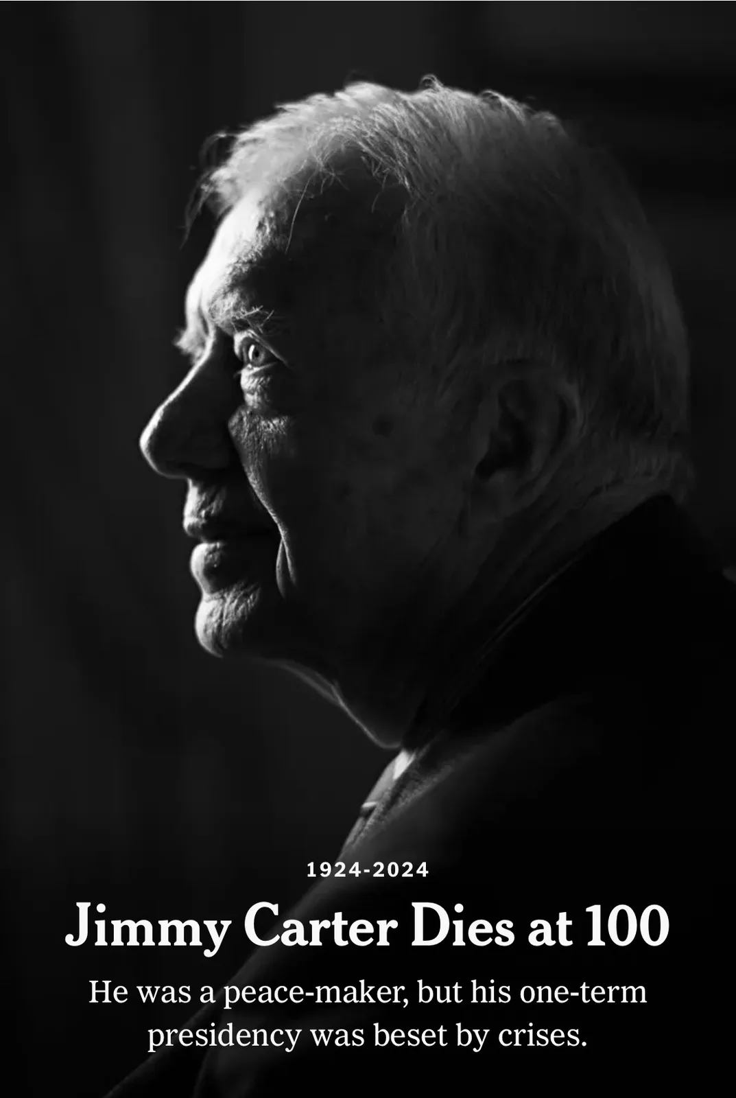 A black and white portrait of an elderly man, identified as Jimmy Carter, in profile view. The image includes overlaid text…