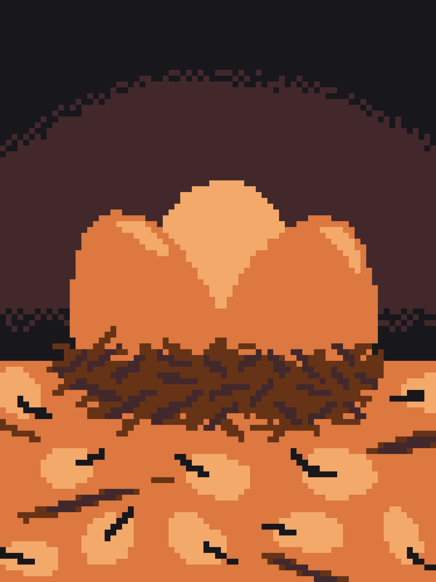A pixel art image shows a person with a large afro hairstyle, wearing a brown headband, and lying down with their arms and…