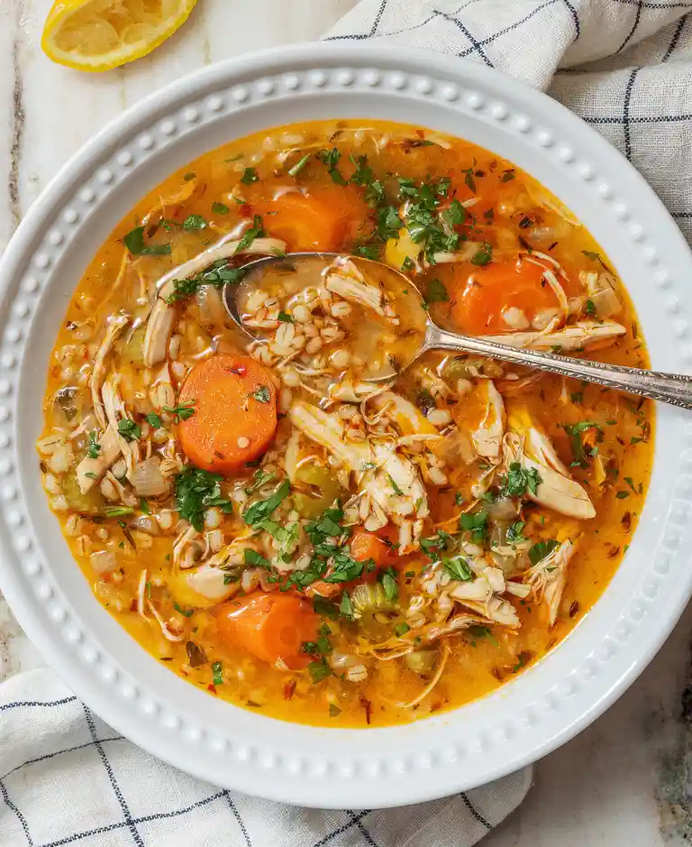 A top-down photo of a white bowl filled with chicken and barley soup, garnished with chopped parsley and containing visible…