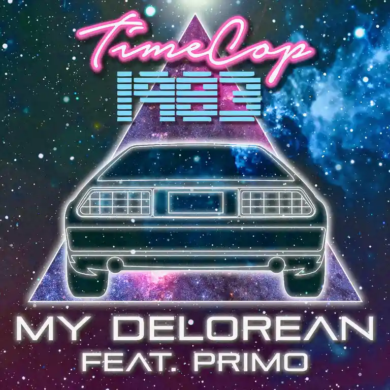 The image displays a stylized, glowing outline of a DeLorean car from the back, set against a cosmic starfield background…