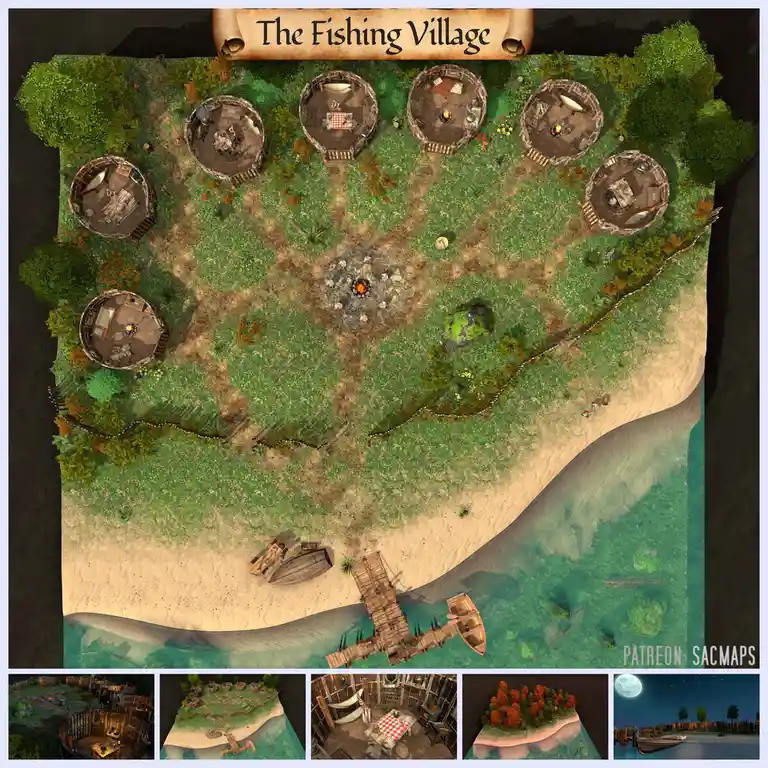 An overhead view of a fantasy map titled 'The Fishing Village' showing a small coastal settlement with seven circular huts…