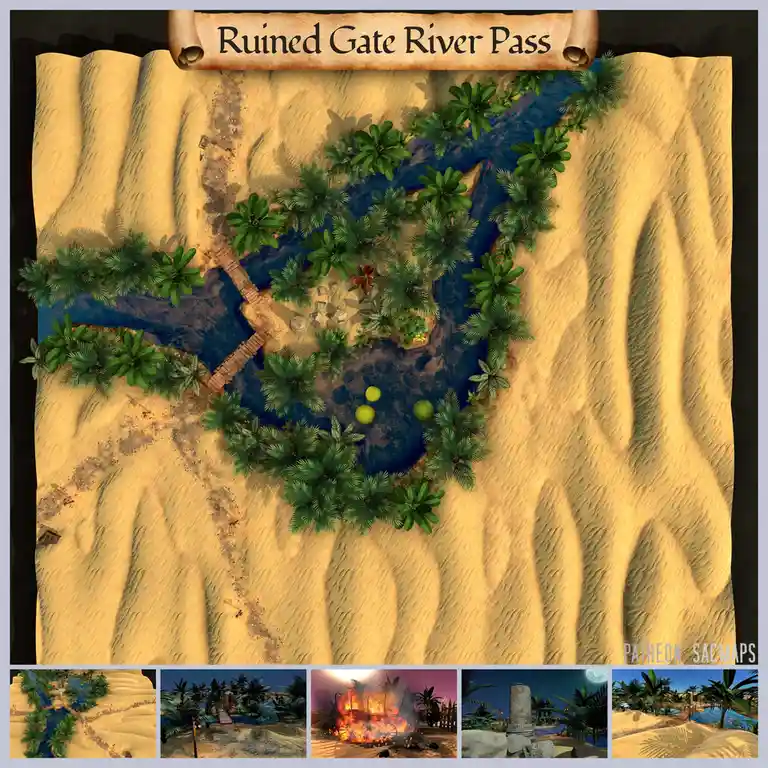 An overhead view of a fantasy map titled 'Ruined Gate River Pass' showing a winding river through a desert with palm trees…