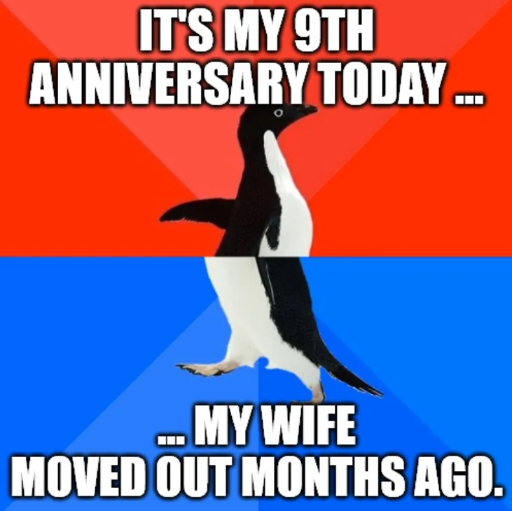 A black-and-white penguin stands centered against a red-and-blue background, split horizontally. The top text reads 'IT'S MY…