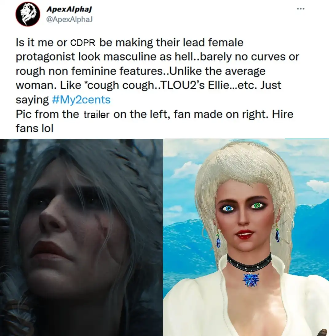 The image displays a side-by-side comparison: on the left is a realistic, dark-toned close-up of a female character from a…