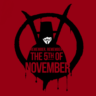 A red background features a black silhouette of a person wearing a Guy Fawkes mask, framed by a black anarchy symbol. The…