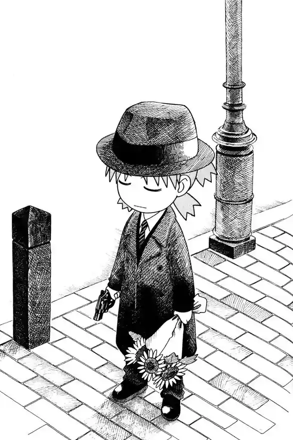 A black-and-white manga-style illustration shows a small child with spiky hair wearing a fedora, trench coat, and tie…