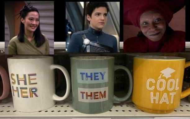 Three mugs sit on a shelf, each with a pronoun label: 'SHE HER', 'THEY THEM', and 'COOL HAT'. Above each mug is a photo of a…
