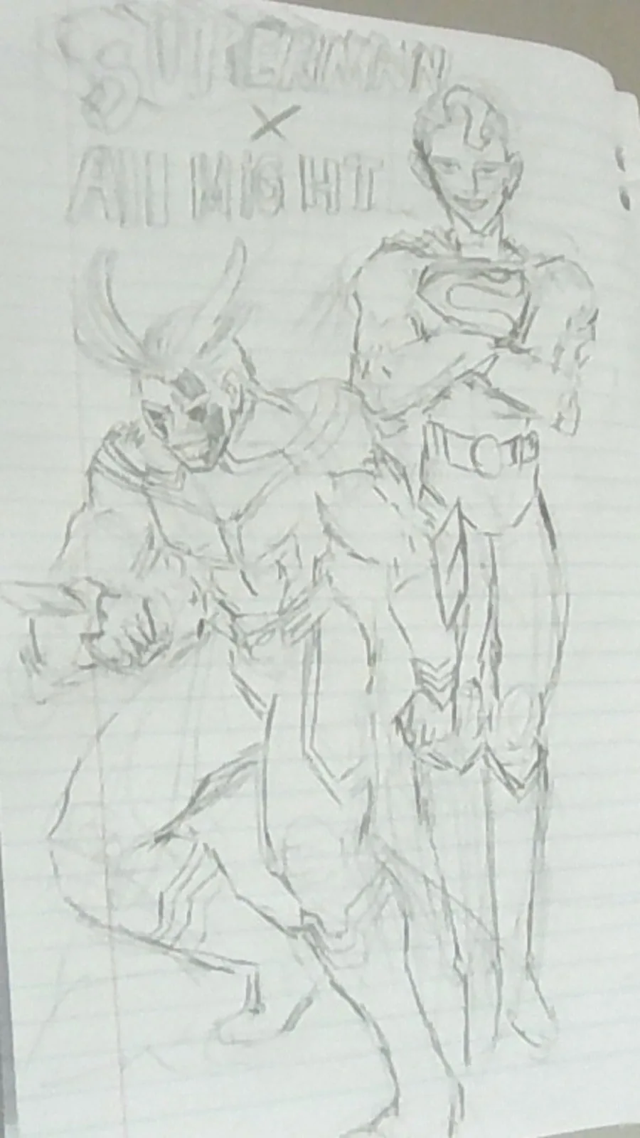 A rough pencil sketch on lined paper shows two superheroes: on the left, a character resembling All Might from My Hero…